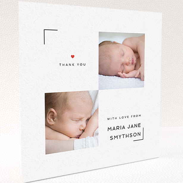 A baby card named "Framed". It is a square (148mm x 148mm) card in a square orientation. It is a photographic baby card with room for 2 photos. "Framed" is available as a folded card, with tones of white and red.
