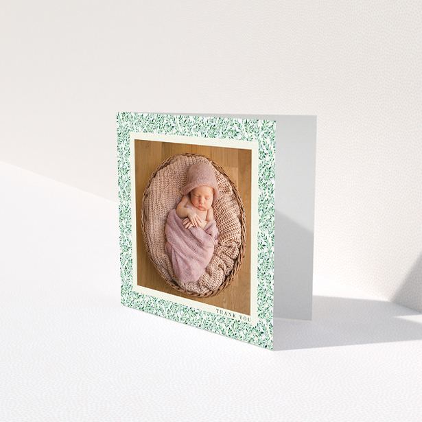 A baby card design titled "Hedgerow Frame". It is a square (148mm x 148mm) card in a square orientation. It is a photographic baby card with room for 1 photo. "Hedgerow Frame" is available as a folded card, with tones of green and white.