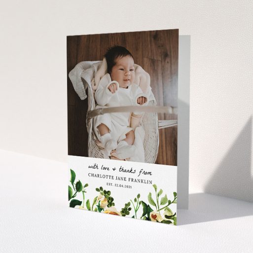A baby card template titled 'Kew Gardens'. It is an A5 card in a portrait orientation. It is a photographic baby card with room for 1 photo. 'Kew Gardens' is available as a folded card, with tones of green, pink and light orange.
