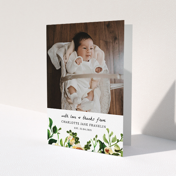 A baby card template titled "Kew Gardens". It is an A5 card in a portrait orientation. It is a photographic baby card with room for 1 photo. "Kew Gardens" is available as a folded card, with tones of green, pink and light orange.