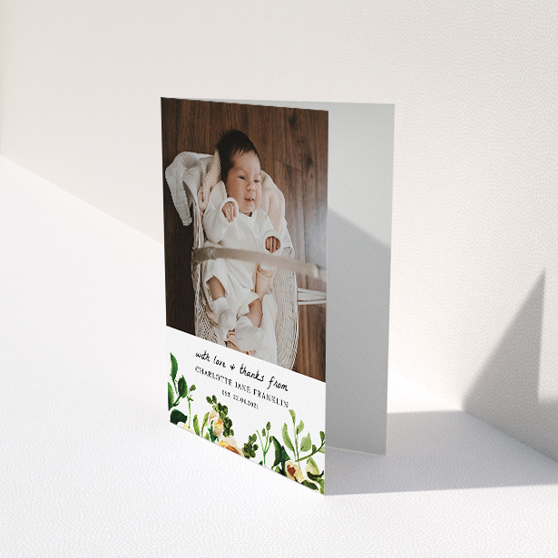 A baby card template titled "Kew Gardens". It is an A5 card in a portrait orientation. It is a photographic baby card with room for 1 photo. "Kew Gardens" is available as a folded card, with tones of green, pink and light orange.