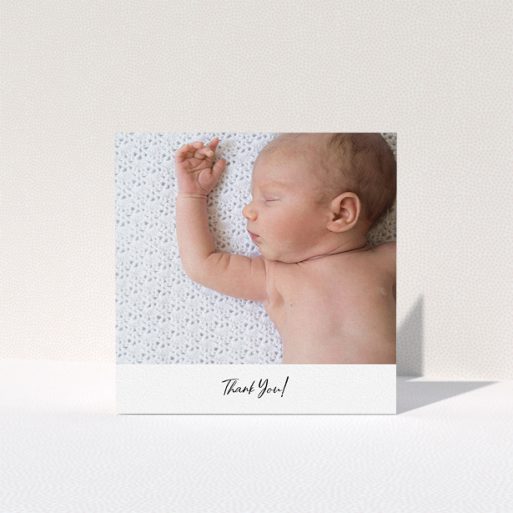 A baby card called "Mr & Mrs Footer". It is a square (148mm x 148mm) card in a square orientation. It is a photographic baby card with room for 1 photo. "Mr & Mrs Footer" is available as a folded card, with mainly white colouring.