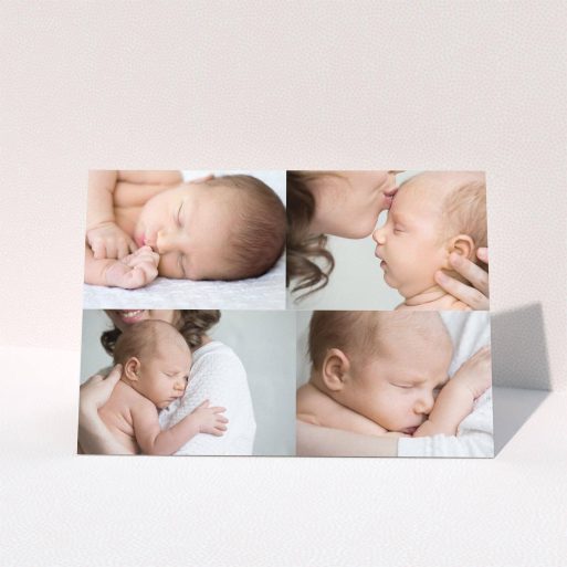 A baby card named "No Border Frames". It is an A5 card in a landscape orientation. It is a photographic baby card with room for 4 photos. "No Border Frames" is available as a folded card, with mainly white colouring.