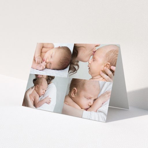 A baby card named 'No Border Frames'. It is an A5 card in a landscape orientation. It is a photographic baby card with room for 4 photos. 'No Border Frames' is available as a folded card, with mainly white colouring.