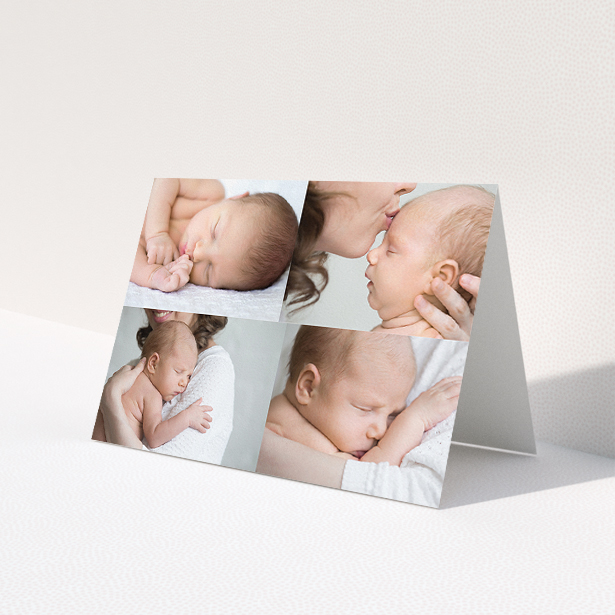 A baby card named "No Border Frames". It is an A5 card in a landscape orientation. It is a photographic baby card with room for 4 photos. "No Border Frames" is available as a folded card, with mainly white colouring.