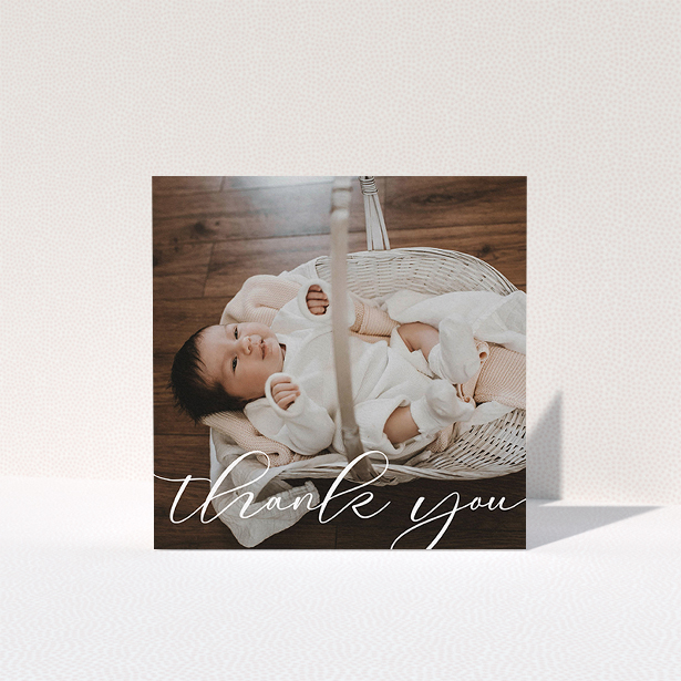 A baby card design called "One Photo". It is a square (148mm x 148mm) card in a square orientation. It is a photographic baby card with room for 1 photo. "One Photo" is available as a folded card, with mainly white colouring.