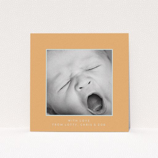 A baby card template titled "Orange and Mint". It is a square (148mm x 148mm) card in a square orientation. It is a photographic baby card with room for 1 photo. "Orange and Mint" is available as a flat card, with tones of orange and blue.