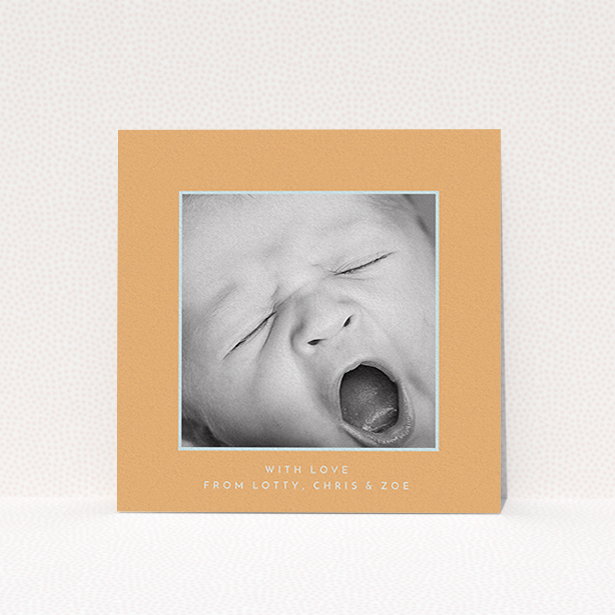A baby card template titled "Orange and Mint". It is a square (148mm x 148mm) card in a square orientation. It is a photographic baby card with room for 1 photo. "Orange and Mint" is available as a flat card, with tones of orange and blue.