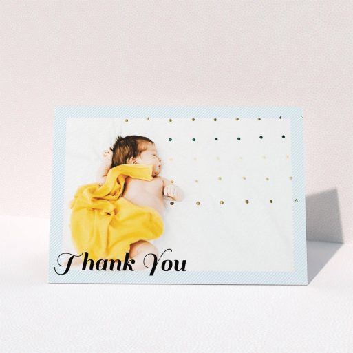 A baby card design titled "Pastel Diagonals". It is an A6 card in a landscape orientation. It is a photographic baby card with room for 1 photo. "Pastel Diagonals" is available as a folded card, with mainly blue colouring.