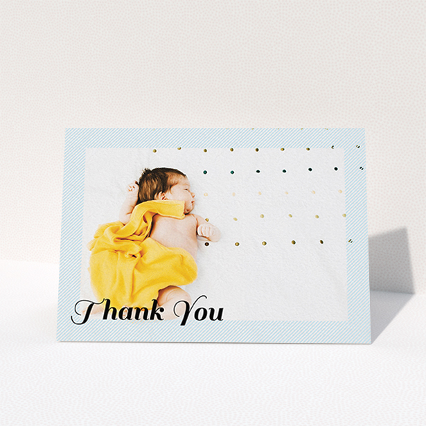 A baby card design titled "Pastel Diagonals". It is an A6 card in a landscape orientation. It is a photographic baby card with room for 1 photo. "Pastel Diagonals" is available as a folded card, with mainly blue colouring.