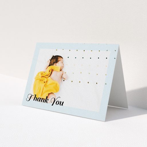 A baby card design titled 'Pastel Diagonals'. It is an A6 card in a landscape orientation. It is a photographic baby card with room for 1 photo. 'Pastel Diagonals' is available as a folded card, with mainly blue colouring.