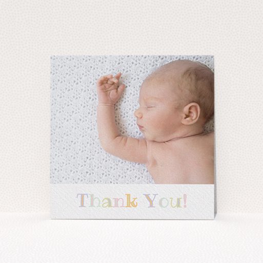 A baby card called "Pastel Thank You". It is a square (148mm x 148mm) card in a square orientation. It is a photographic baby card with room for 1 photo. "Pastel Thank You" is available as a flat card, with tones of white and green.