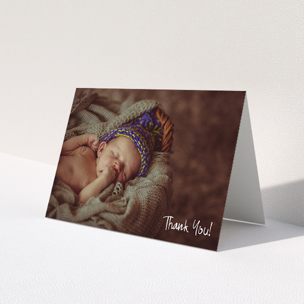 A baby card design titled 'Rough but Simple Photo'. It is an A5 card in a landscape orientation. It is a photographic baby card with room for 1 photo. 'Rough but Simple Photo' is available as a folded card, with mainly white colouring.