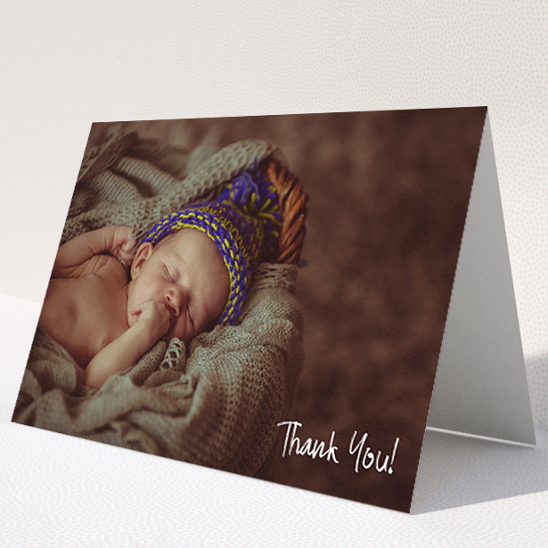 A baby card design titled "Rough but Simple Photo". It is an A5 card in a landscape orientation. It is a photographic baby card with room for 1 photo. "Rough but Simple Photo" is available as a folded card, with mainly white colouring.