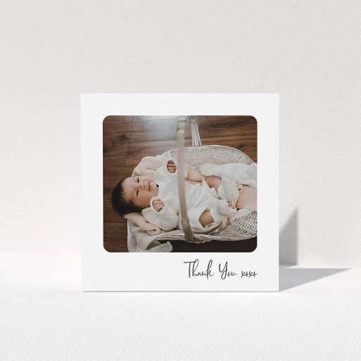 A baby card template titled "Rounded Thanks". It is a square (148mm x 148mm) card in a square orientation. It is a photographic baby card with room for 1 photo. "Rounded Thanks" is available as a folded card, with mainly white colouring.