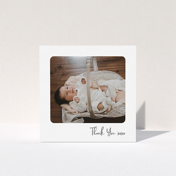 A baby card template titled "Rounded Thanks". It is a square (148mm x 148mm) card in a square orientation. It is a photographic baby card with room for 1 photo. "Rounded Thanks" is available as a folded card, with mainly white colouring.