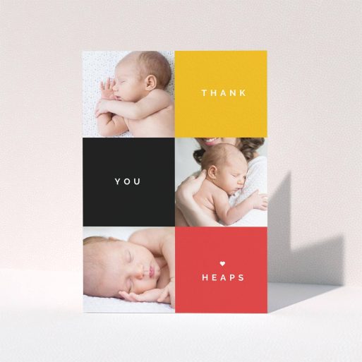 A baby card design named "Side-to-Side". It is an A5 card in a portrait orientation. It is a photographic baby card with room for 3 photos. "Side-to-Side" is available as a folded card, with tones of black, red and yellow.