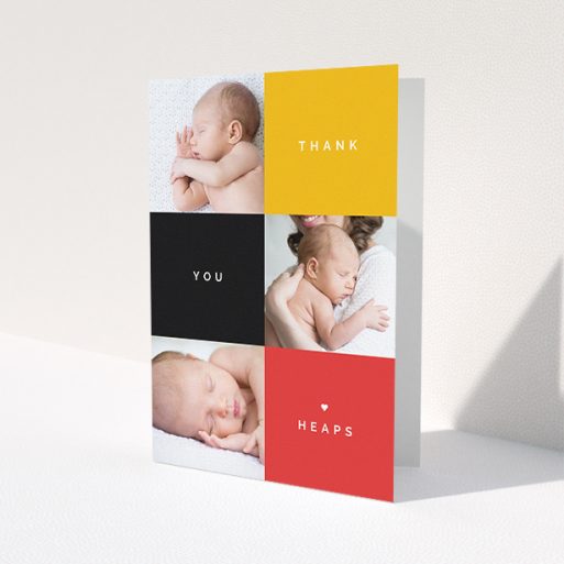 A baby card design named 'Side-to-Side'. It is an A5 card in a portrait orientation. It is a photographic baby card with room for 3 photos. 'Side-to-Side' is available as a folded card, with tones of black, red and yellow.