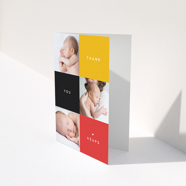 A baby card design named "Side-to-Side". It is an A5 card in a portrait orientation. It is a photographic baby card with room for 3 photos. "Side-to-Side" is available as a folded card, with tones of black, red and yellow.