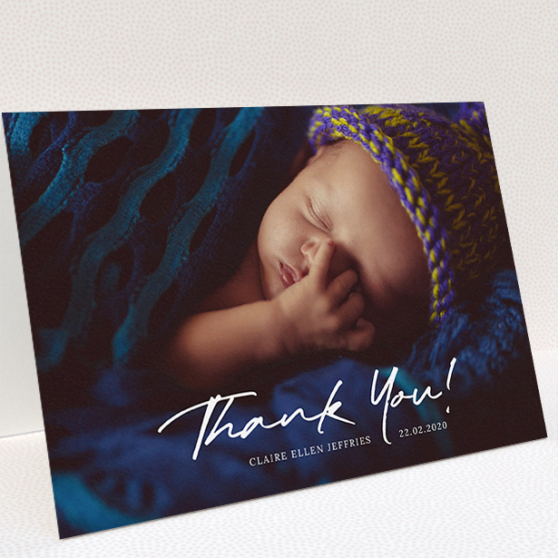 A baby card called "Simple Appreciation". It is an A5 card in a landscape orientation. It is a photographic baby card with room for 1 photo. "Simple Appreciation" is available as a folded card, with mainly white colouring.