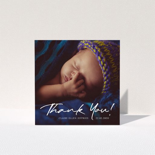 A baby card called "Simple Appreciation". It is a square (148mm x 148mm) card in a square orientation. It is a photographic baby card with room for 1 photo. "Simple Appreciation" is available as a folded card, with mainly white colouring.