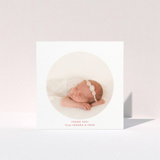 A baby card template titled "Simple Circle". It is a square (148mm x 148mm) card in a square orientation. It is a photographic baby card with room for 1 photo. "Simple Circle" is available as a folded card, with tones of white and pink.