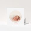 A baby card template titled "Simple Circle". It is a square (148mm x 148mm) card in a square orientation. It is a photographic baby card with room for 1 photo. "Simple Circle" is available as a folded card, with tones of white and pink.