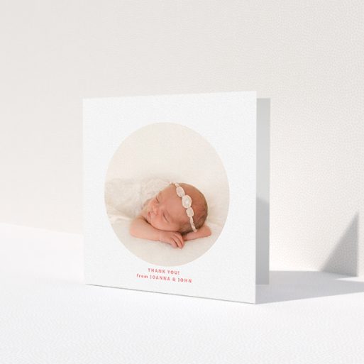 A baby card template titled 'Simple Circle'. It is a square (148mm x 148mm) card in a square orientation. It is a photographic baby card with room for 1 photo. 'Simple Circle' is available as a folded card, with tones of white and pink.