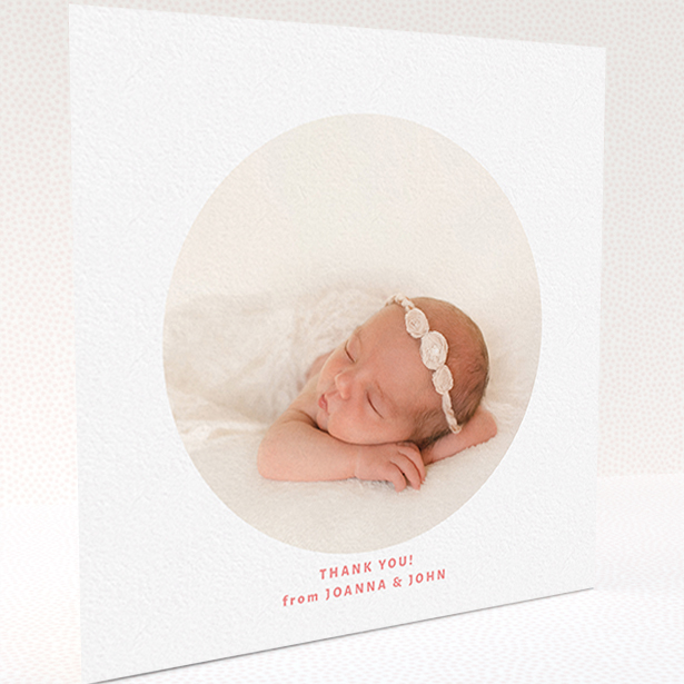 A baby card template titled "Simple Circle". It is a square (148mm x 148mm) card in a square orientation. It is a photographic baby card with room for 1 photo. "Simple Circle" is available as a folded card, with tones of white and pink.