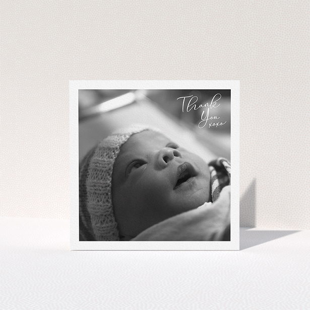 A baby card design titled "Simple Landscape Thanks". It is a square (148mm x 148mm) card in a square orientation. It is a photographic baby card with room for 1 photo. "Simple Landscape Thanks" is available as a folded card, with mainly white colouring.