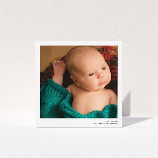 A baby card template titled "Simple Portrait". It is a square (148mm x 148mm) card in a square orientation. It is a photographic baby card with room for 1 photo. "Simple Portrait" is available as a folded card, with mainly white colouring.