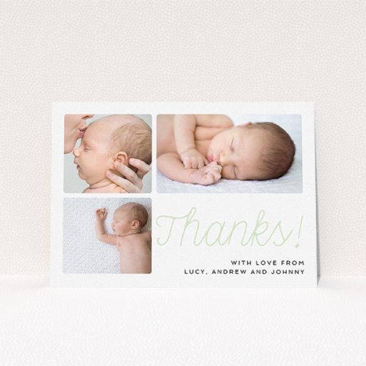 A baby card design titled "Thank You Cursive". It is an A5 card in a landscape orientation. It is a photographic baby card with room for 3 photos. "Thank You Cursive" is available as a flat card, with tones of white and green.