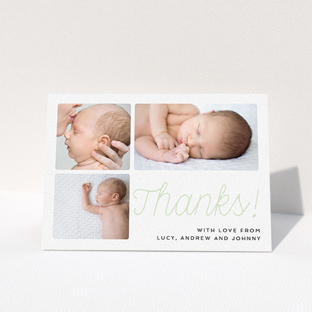 A baby card design named "Thank You Cursive". It is an A6 card in a landscape orientation. It is a photographic baby card with room for 3 photos. "Thank You Cursive" is available as a folded card, with tones of white and green.