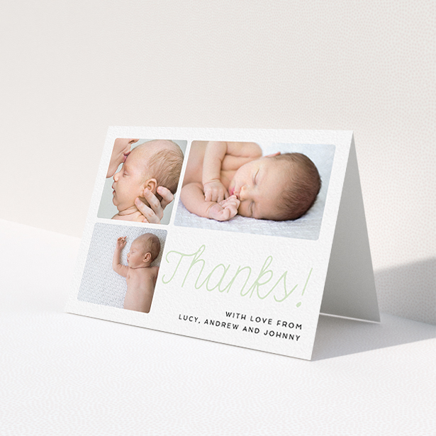 A baby card design named "Thank You Cursive". It is an A6 card in a landscape orientation. It is a photographic baby card with room for 3 photos. "Thank You Cursive" is available as a folded card, with tones of white and green.
