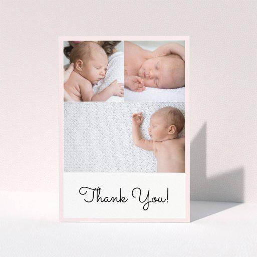 A baby card design named "Thank You!". It is an A6 card in a portrait orientation. It is a photographic baby card with room for 3 photos. "Thank You!" is available as a folded card, with tones of pink and white.
