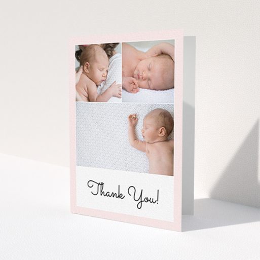 A baby card design named 'Thank You!'. It is an A6 card in a portrait orientation. It is a photographic baby card with room for 3 photos. 'Thank You!' is available as a folded card, with tones of pink and white.