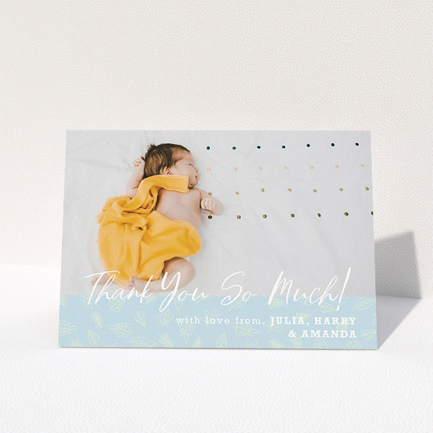 A baby card called "Thank You So Much". It is an A5 card in a landscape orientation. It is a photographic baby card with room for 1 photo. "Thank You So Much" is available as a folded card, with mainly blue colouring.