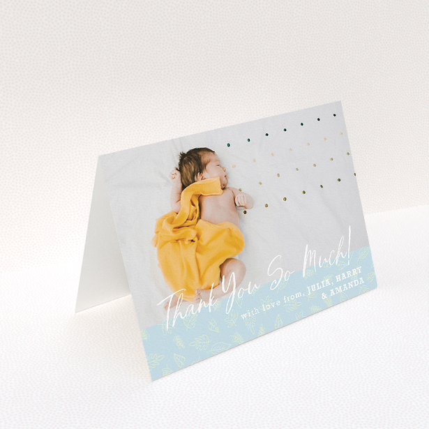 A baby card called "Thank You So Much". It is an A5 card in a landscape orientation. It is a photographic baby card with room for 1 photo. "Thank You So Much" is available as a folded card, with mainly blue colouring.