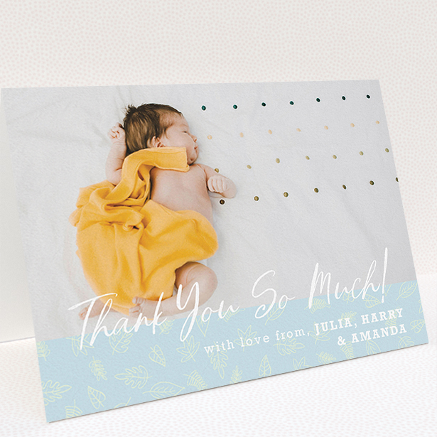 A baby card called "Thank You So Much". It is an A5 card in a landscape orientation. It is a photographic baby card with room for 1 photo. "Thank You So Much" is available as a folded card, with mainly blue colouring.