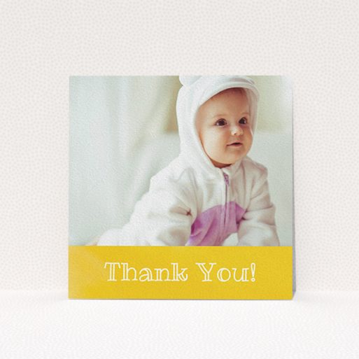 A baby card named "Thanks In Yellow". It is a square (148mm x 148mm) card in a square orientation. It is a photographic baby card with room for 1 photo. "Thanks In Yellow" is available as a flat card, with tones of yellow and white.