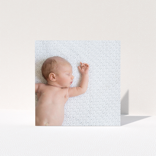 A baby card template titled "Thanks with Just a Square Photo". It is a square (148mm x 148mm) card in a square orientation. It is a photographic baby card with room for 1 photo. "Thanks with Just a Square Photo" is available as a folded card.