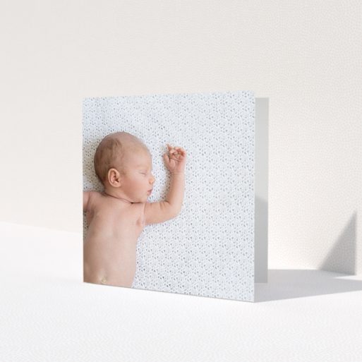 A baby card template titled 'Thanks with Just a Square Photo'. It is a square (148mm x 148mm) card in a square orientation. It is a photographic baby card with room for 1 photo. 'Thanks with Just a Square Photo' is available as a folded card.