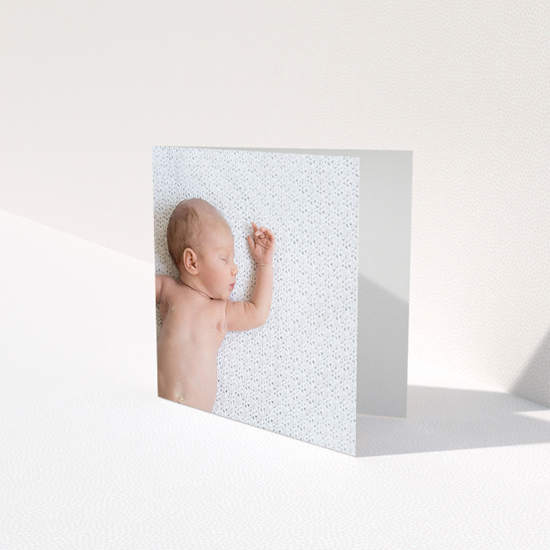 A baby card template titled "Thanks with Just a Square Photo". It is a square (148mm x 148mm) card in a square orientation. It is a photographic baby card with room for 1 photo. "Thanks with Just a Square Photo" is available as a folded card.