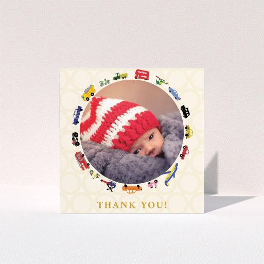 A baby card design titled "Toy Transport". It is a square (148mm x 148mm) card in a square orientation. It is a photographic baby card with room for 1 photo. "Toy Transport" is available as a folded card, with tones of cream, red and yellow.