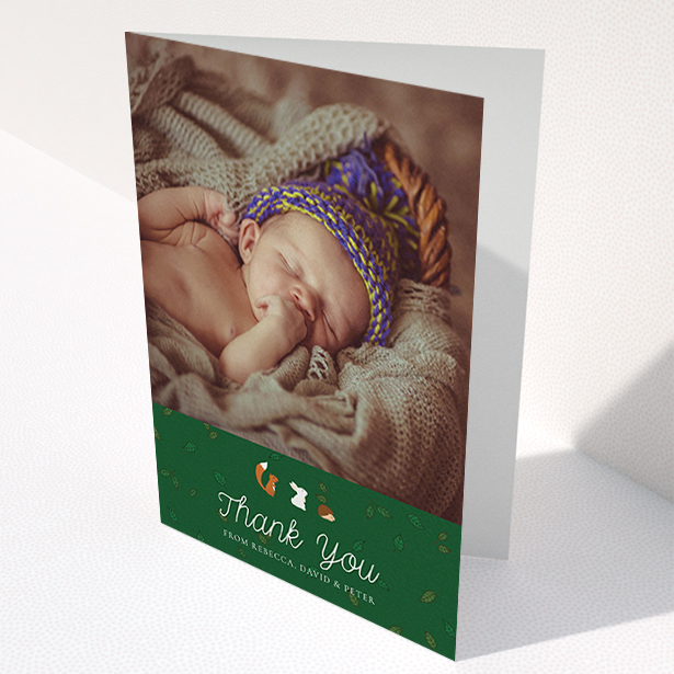 A baby card design titled "Woodland Chums". It is an A6 card in a portrait orientation. It is a photographic baby card with room for 1 photo. "Woodland Chums" is available as a folded card, with tones of green, orange and brown.