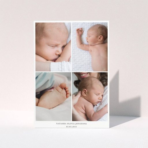 A baby thank you card design named "4 Photo Frame". It is an A5 card in a portrait orientation. It is a photographic baby thank you card with room for 4 photos. "4 Photo Frame" is available as a folded card, with mainly white colouring.