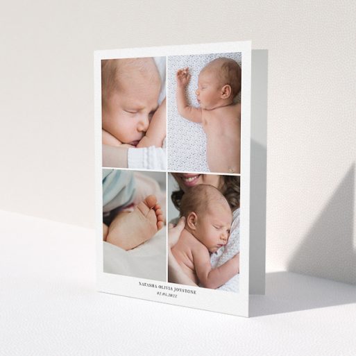 A baby thank you card design named '4 Photo Frame'. It is an A5 card in a portrait orientation. It is a photographic baby thank you card with room for 4 photos. '4 Photo Frame' is available as a folded card, with mainly white colouring.
