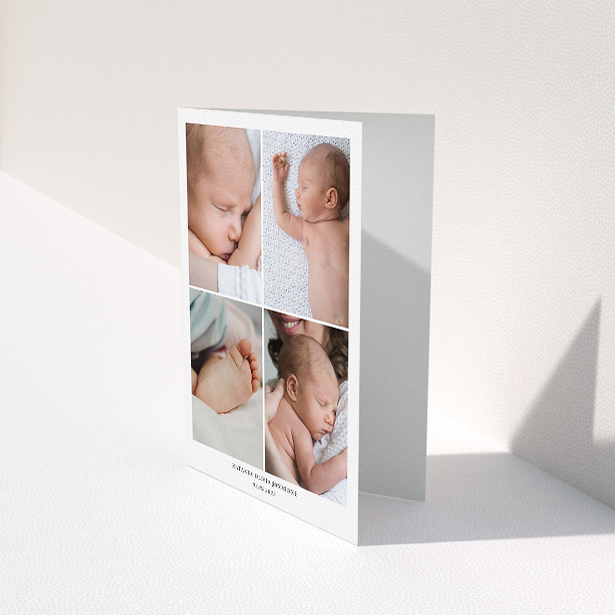 A baby thank you card design named "4 Photo Frame". It is an A5 card in a portrait orientation. It is a photographic baby thank you card with room for 4 photos. "4 Photo Frame" is available as a folded card, with mainly white colouring.