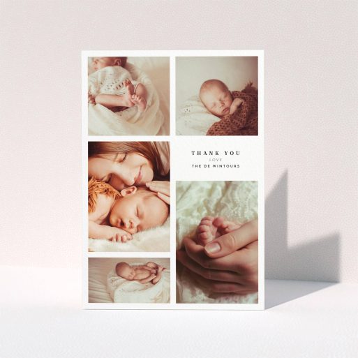 A baby thank you card template titled "5-Frame Portrait". It is an A5 card in a portrait orientation. It is a photographic baby thank you card with room for 5 photos. "5-Frame Portrait" is available as a folded card, with mainly white colouring.