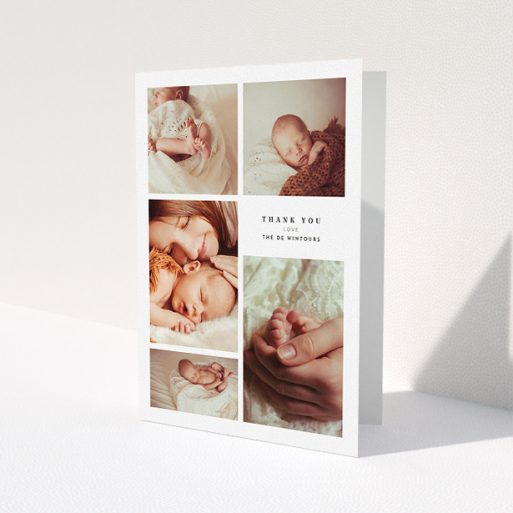 A baby thank you card template titled '5-Frame Portrait'. It is an A5 card in a portrait orientation. It is a photographic baby thank you card with room for 5 photos. '5-Frame Portrait' is available as a folded card, with mainly white colouring.